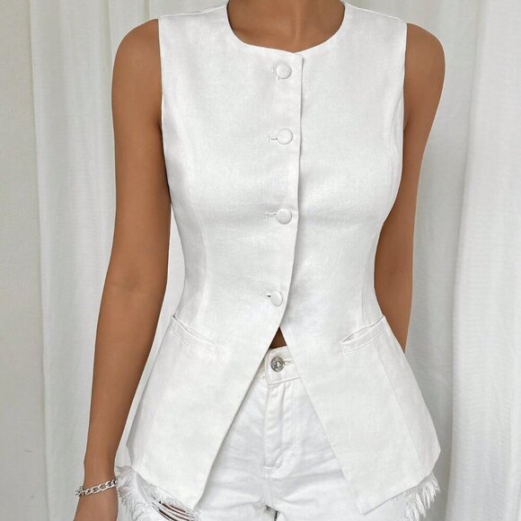 White Casual Women's Solid Button Front Vest Blazer - Picture 7 of 7